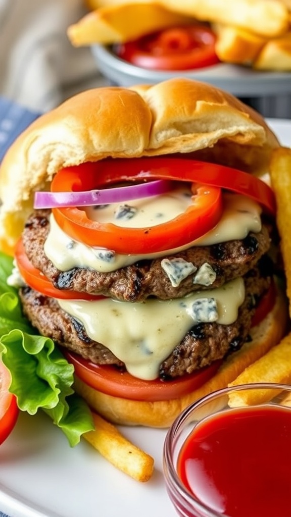 A delicious blue cheese stuffed burger on a toasted bun with lettuce, tomato, and onion, served with fries.